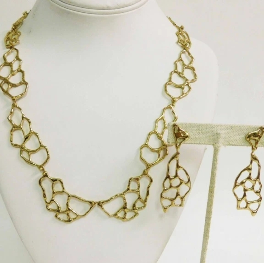 ANNE DICK Necklace Earring SET Hammered Wrought Bronze Silver Modernist  Signed